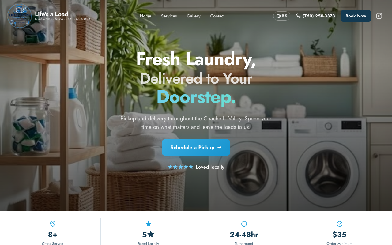 Pickup-and-delivery laundry service with full customer-facing booking platform: address autocomplete, photo upload, customer-initiated reschedule, automated email + SMS notifications, calendar sync. Most complex EFH build to date.