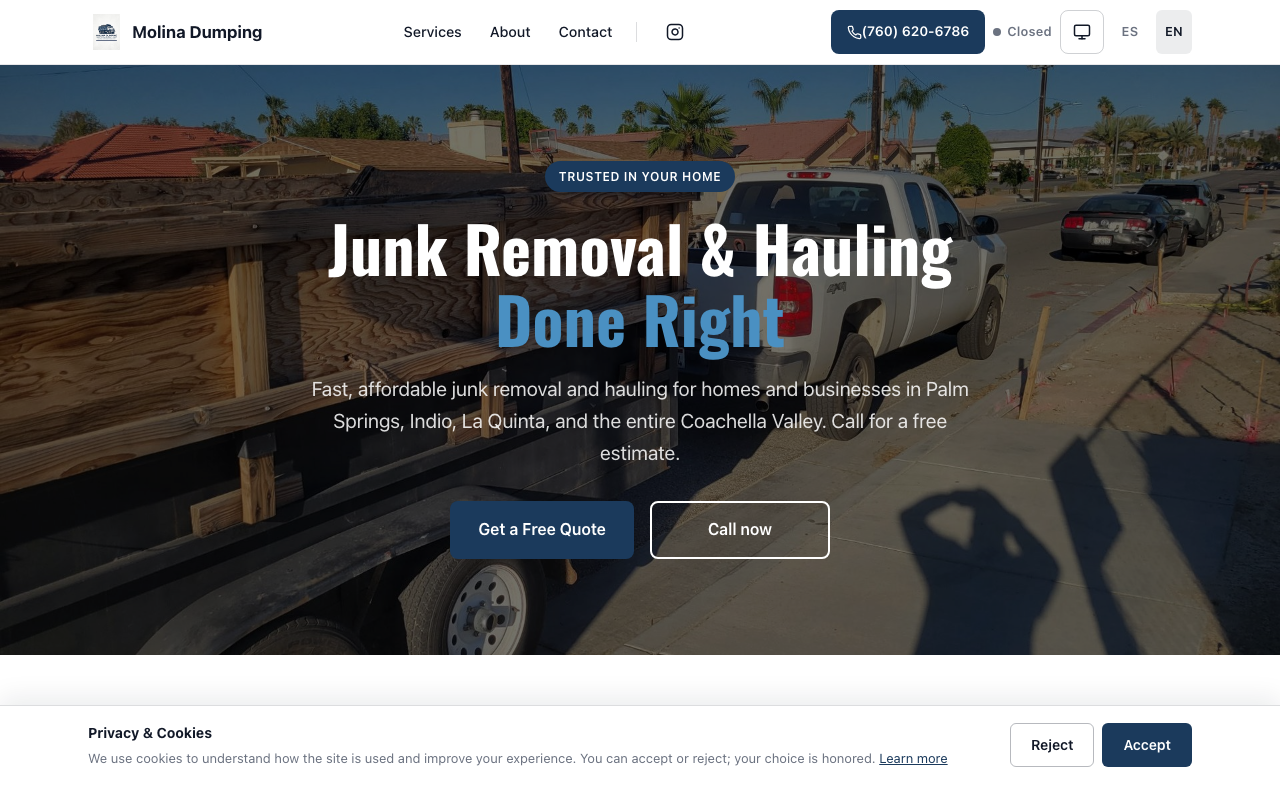 Dumpster rental and hauling service. Bilingual site with service-area coverage, request flow, and social-content integration for @molina_dumping.