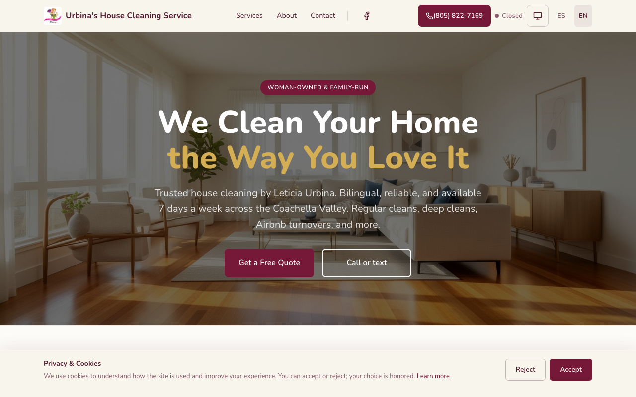 Residential and commercial cleaning service. Mobile-first bilingual site with quote request and service breakdowns.