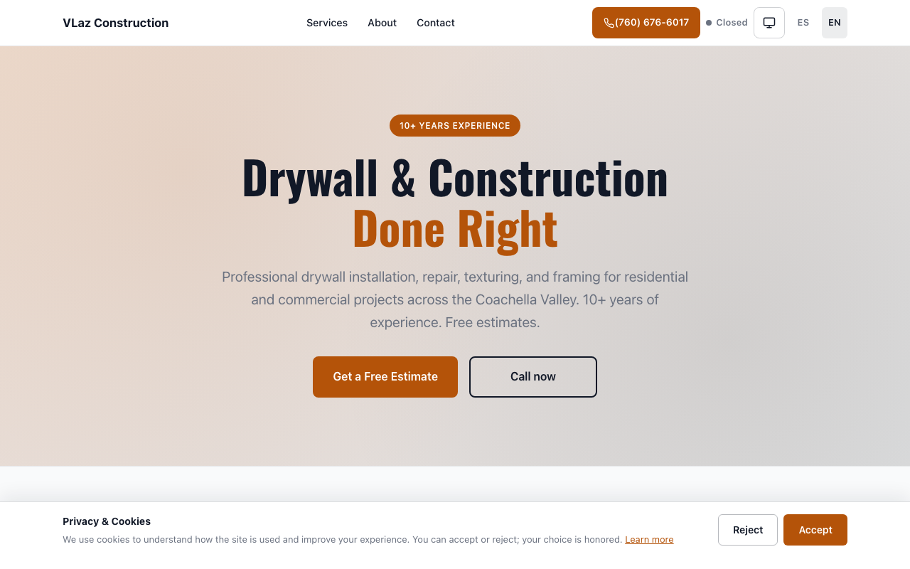 Drywall, texturing, and framing contractor. Bilingual lead-capture site with service galleries and instant contact. Live on the shared factory platform with per-client branding.